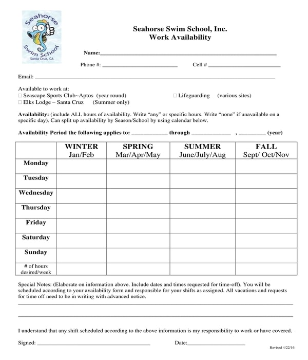 FREE 7+ Work Availability Forms in PDF | MS Word | Excel