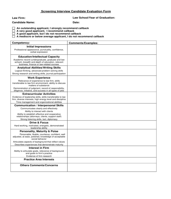 screening interview candidate evaluation form