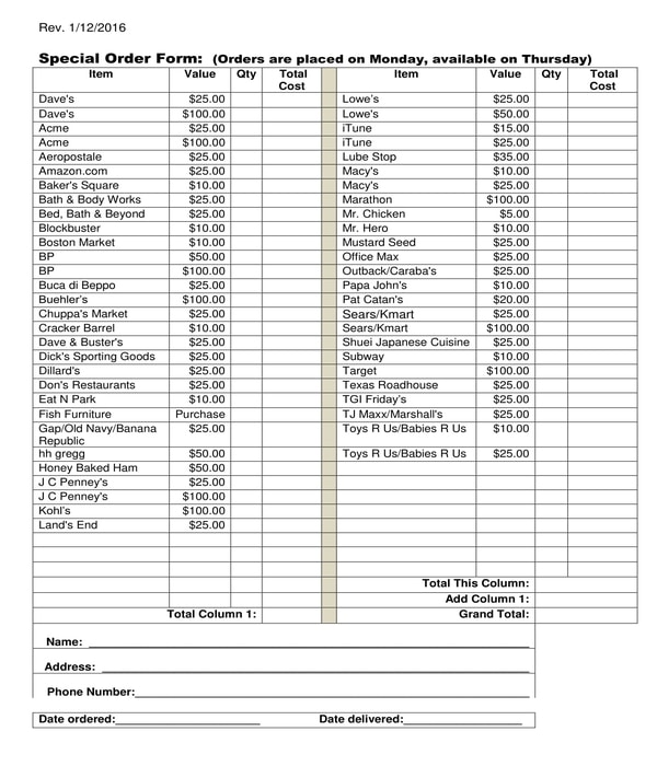 special order form sample