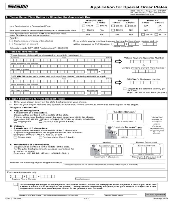 special order plate application form
