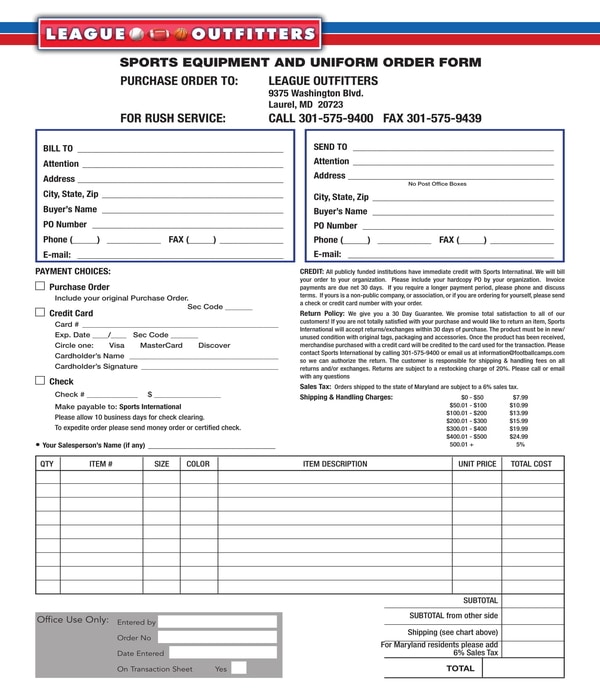 sports equipment and uniform order form