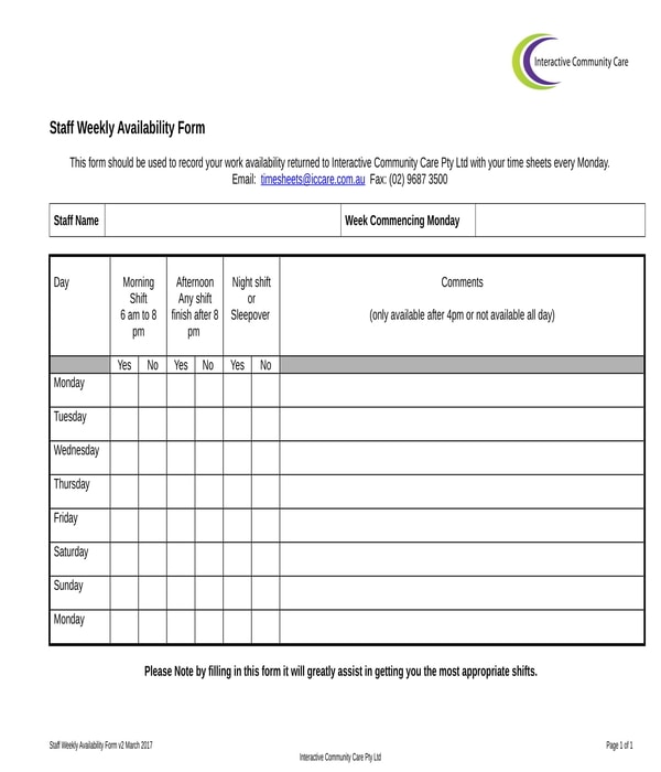 Staff Availability Template from images.sampleforms.com