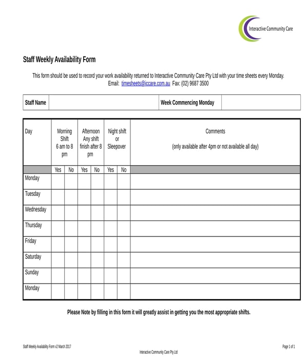 FREE 7+ Work Availability Forms in PDF | MS Word | Excel