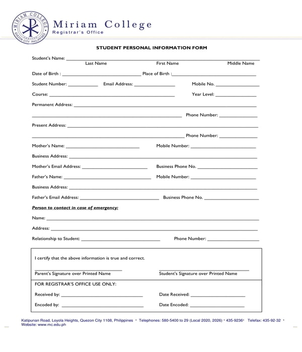 student personal information form