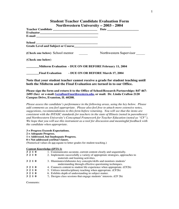 student teacher candidate evaluation form