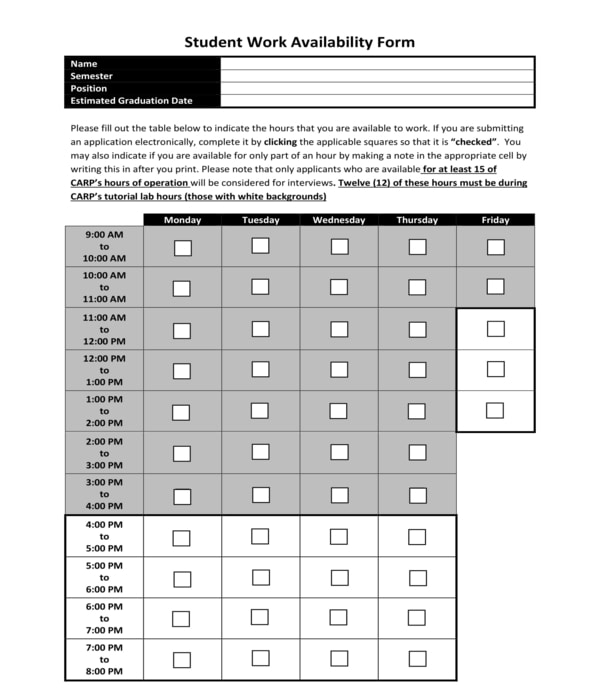 student work availability form