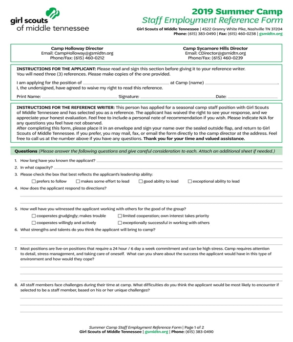 summer camp staff employment reference form