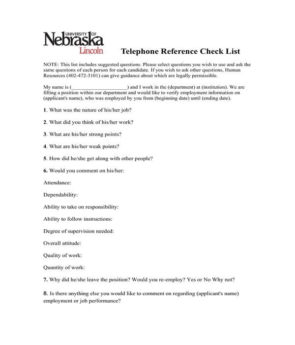 telephone reference check list form
