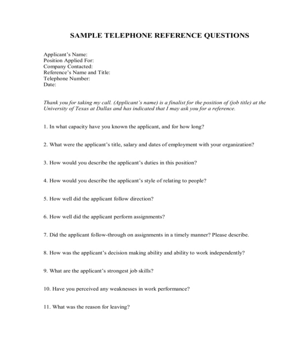 telephone reference check questionnaire form