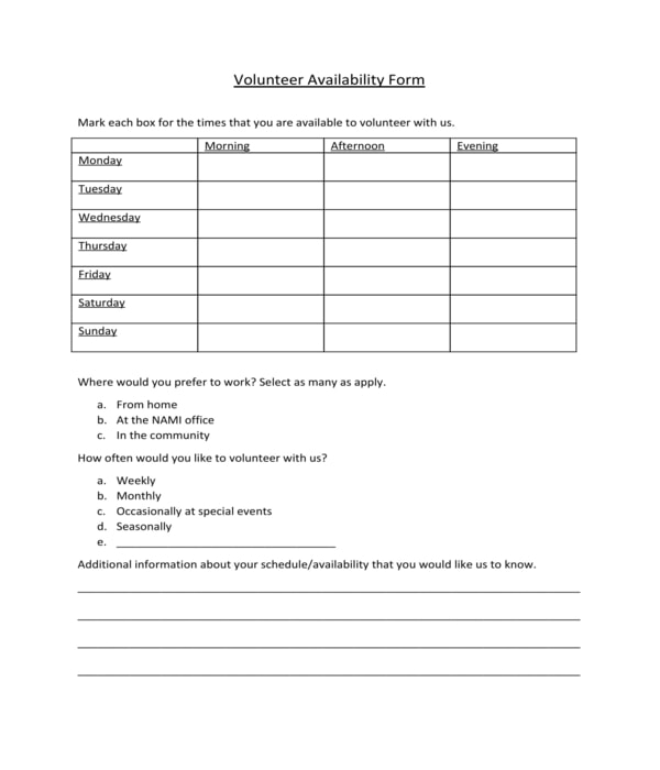 volunteer work availability form