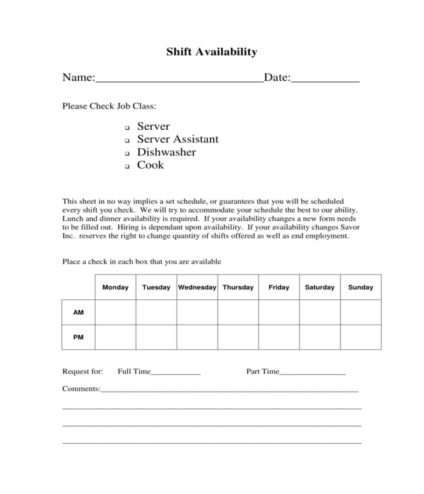 work shift availability form