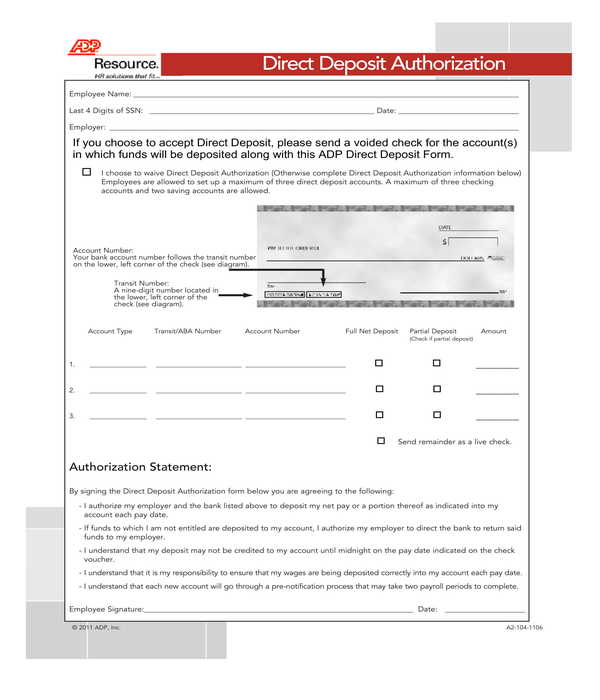 adp direct deposit authorization form