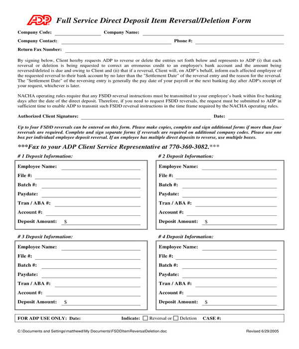 States Where Direct Deposit Reversals Are Restricted FREE 8+ ADP Direct Deposit Forms in PDF