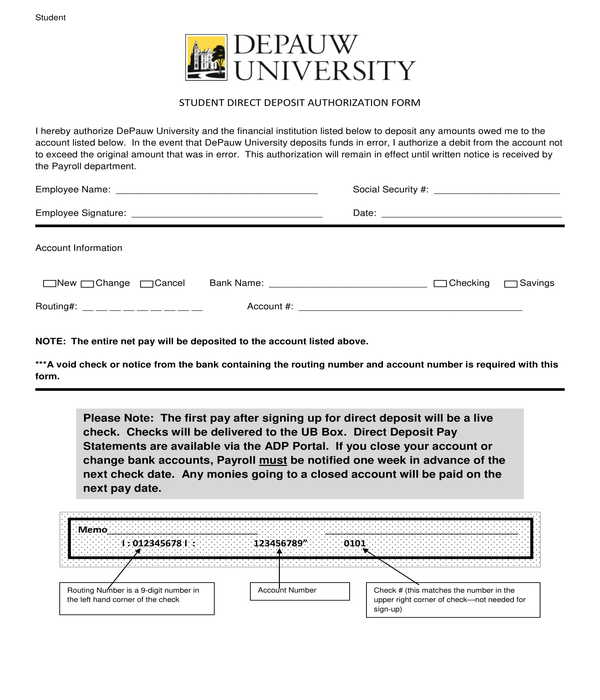 adp student direct deposit authorization form