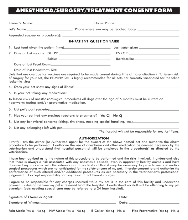 anesthesia surgery treatment consent form