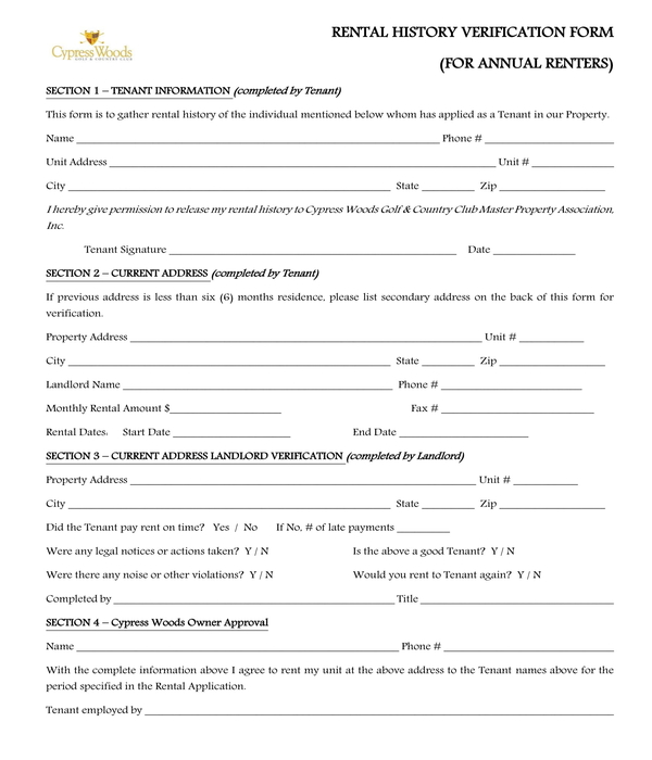 annual renters rental history verification form