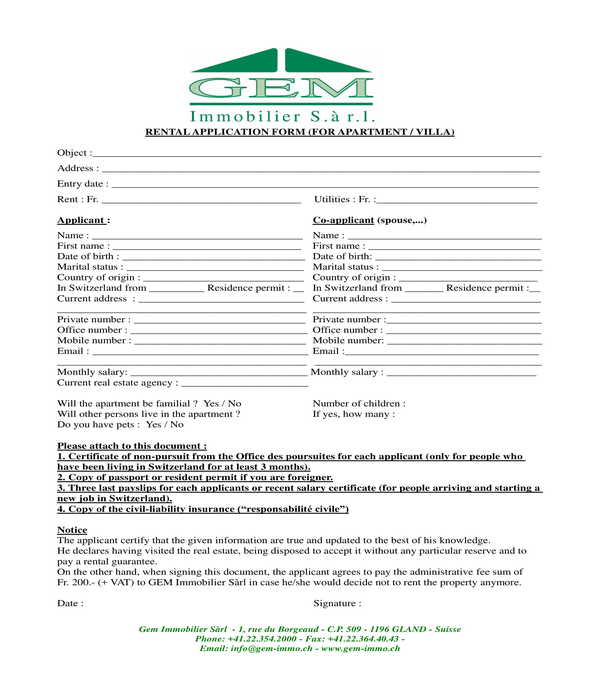 apartment and villa rental application form