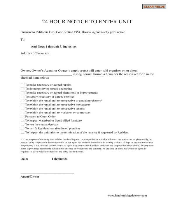 automated 24 hour notice to enter unit form