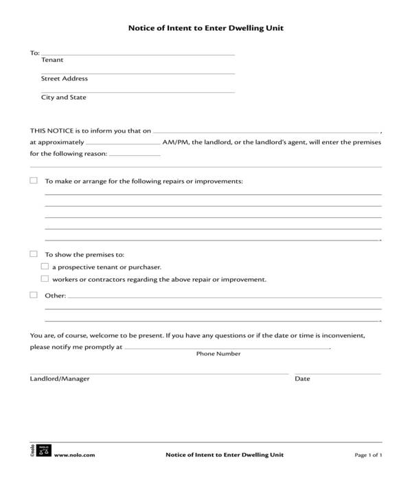 basic notice of intent to enter dwelling unit form