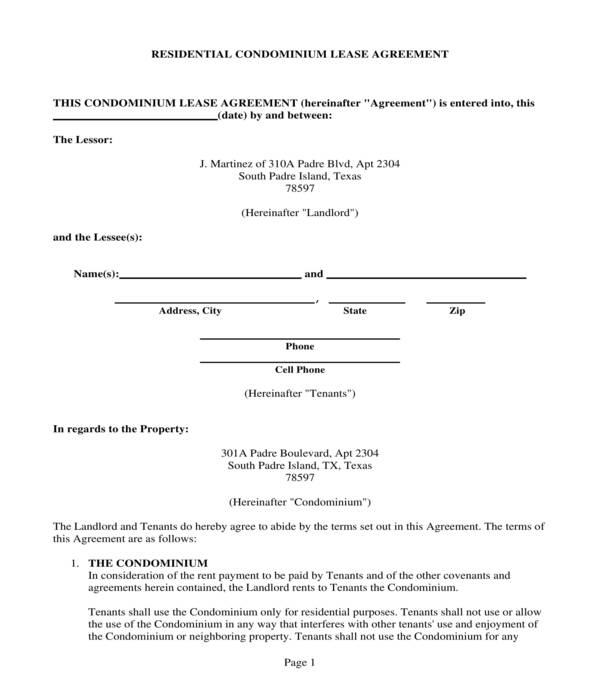blank residential condominium lease agreement form