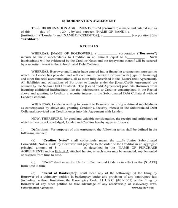 blank subordination agreement form