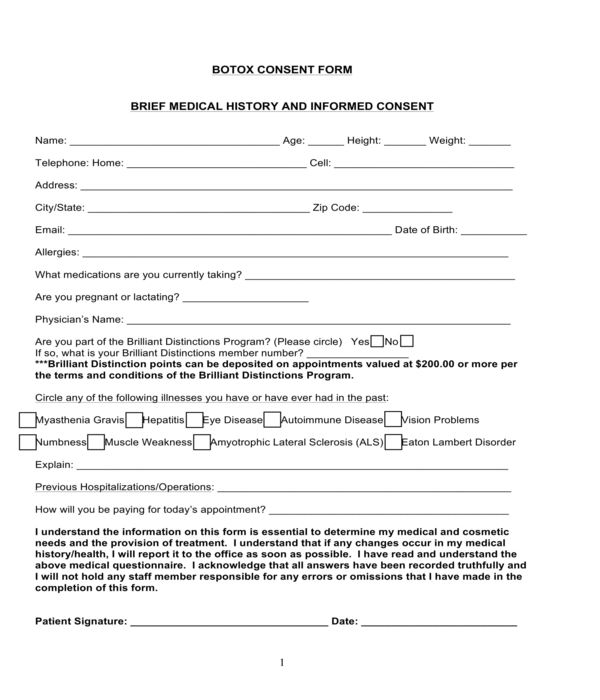 botox consent and medical history form