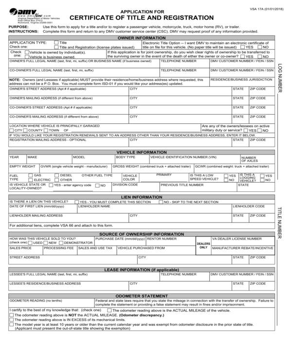 car certificate of title and registration application form