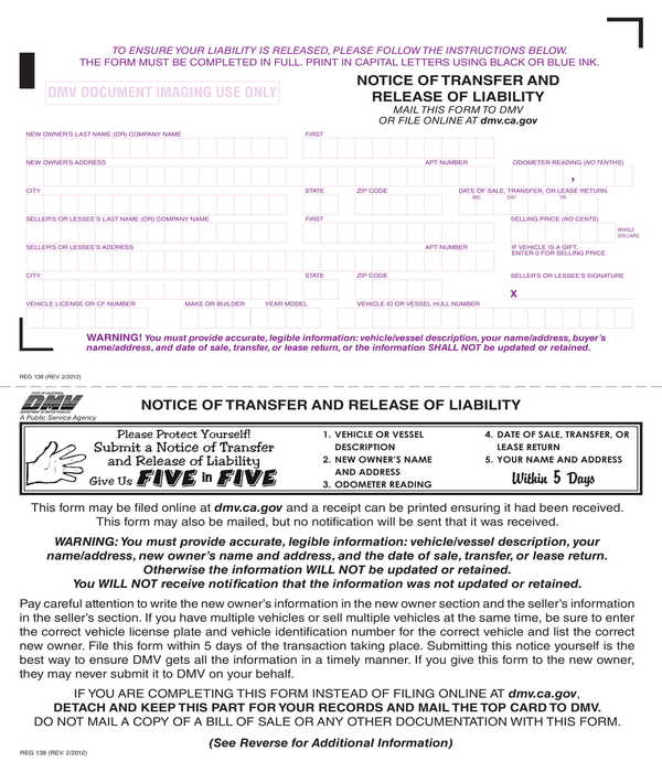 car notice of transfer and release of liability form