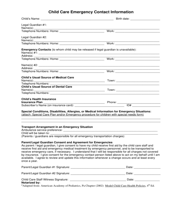 child care emergency contact information form
