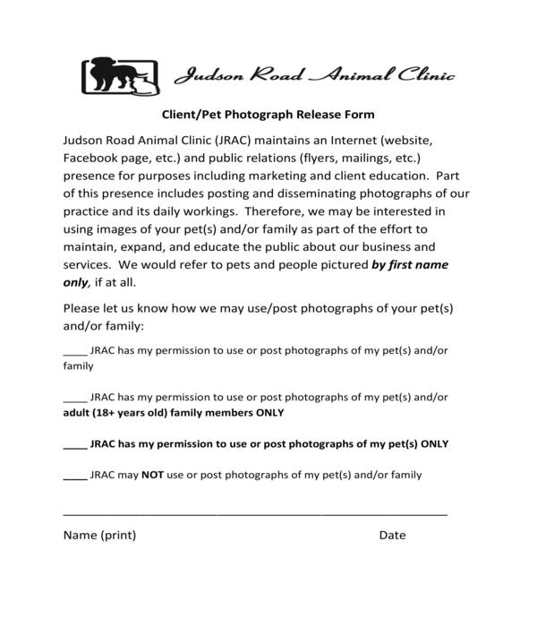 client and pet photograph release form