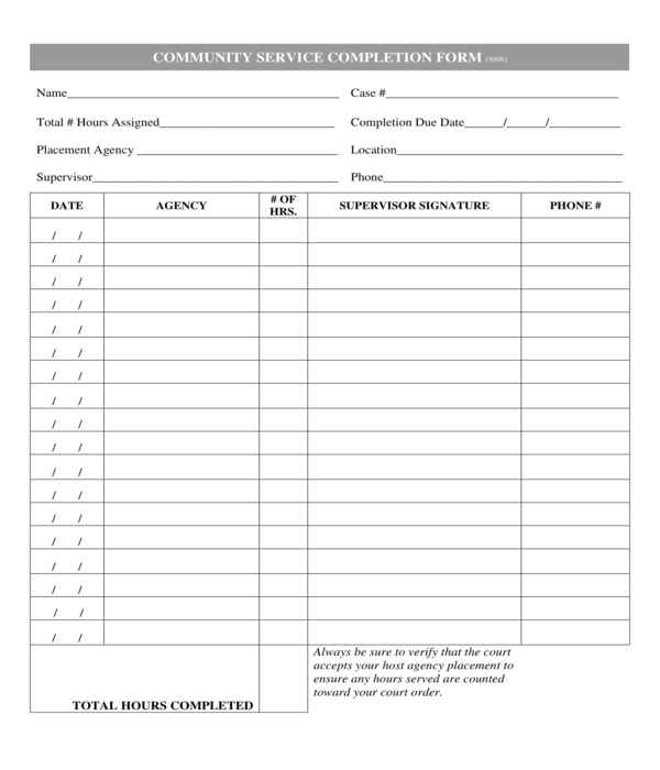 Printable Community Service Forms For Court