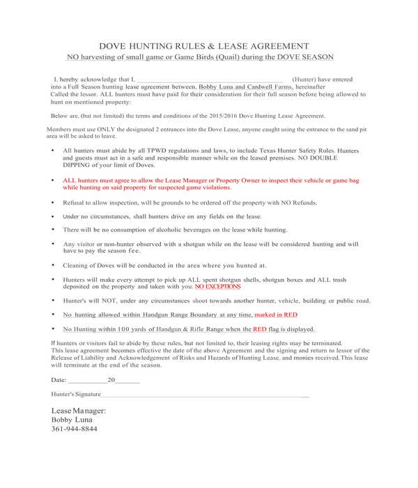 dove hunting rules and lease agreement form