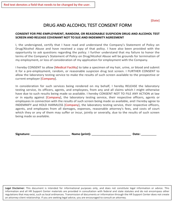 drug alcohol test consent form sample