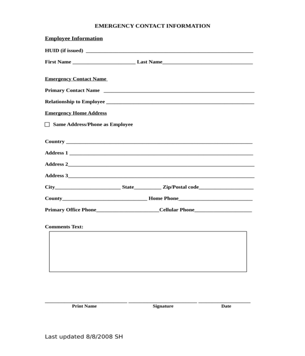 emergency contact information form in doc