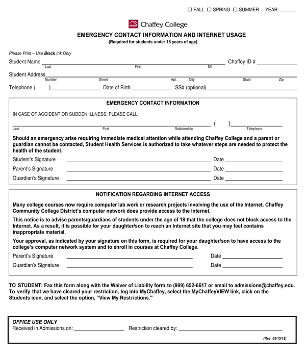 emergency contact information and internet usage form