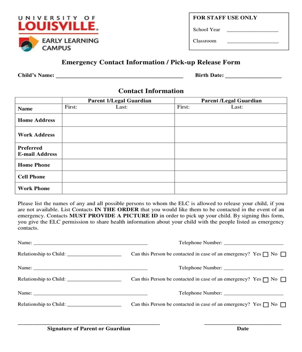 emergency contact information and pick up release form