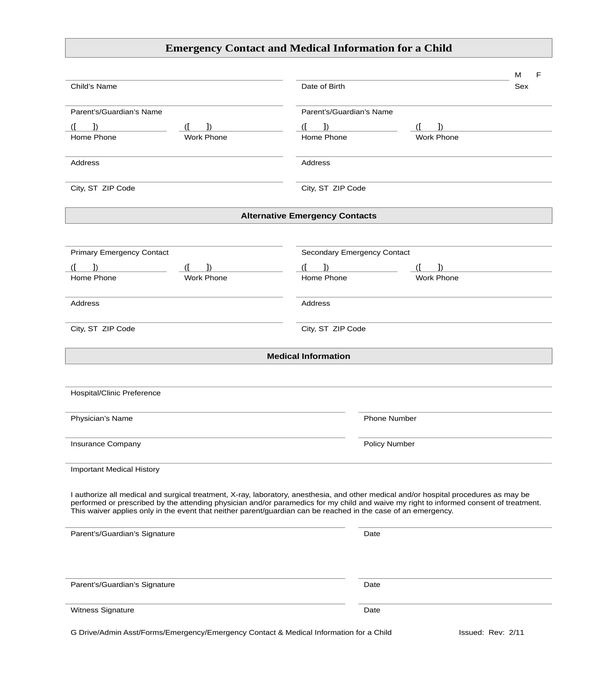emergency contact and medical information form