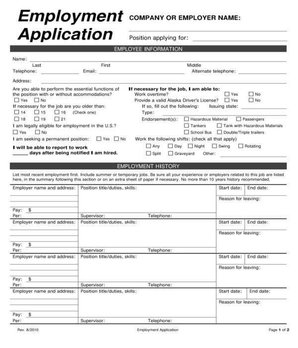 employment application form sample