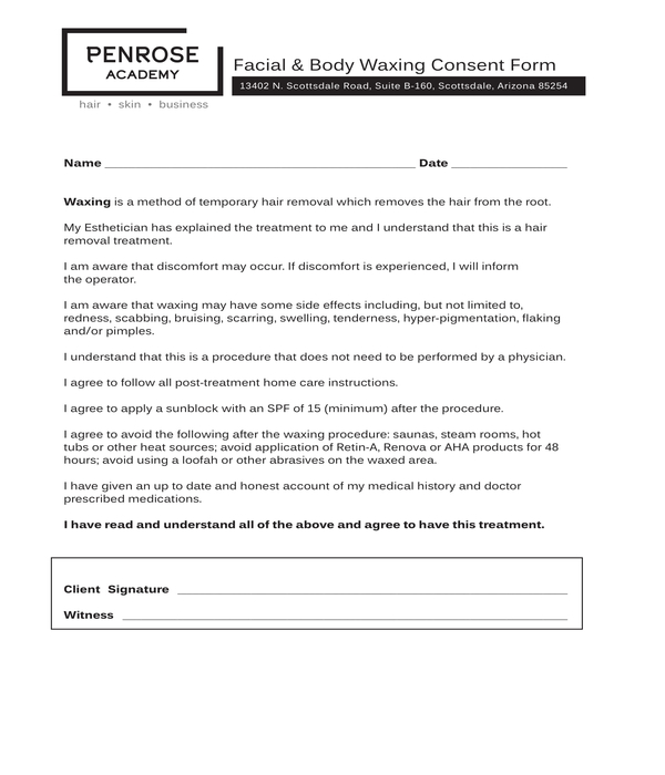 facial body waxing consent form