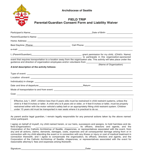 field trip parental consent and liability waiver form