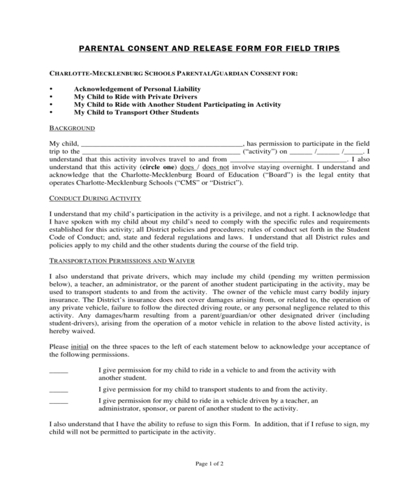 field trip parental consent and release form