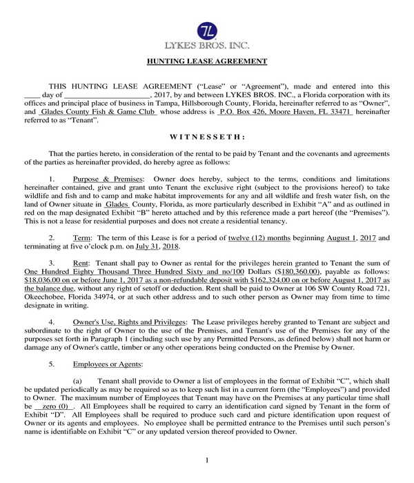 fish and game hunting lease agreement form