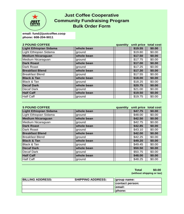 fundraiser order form in excel