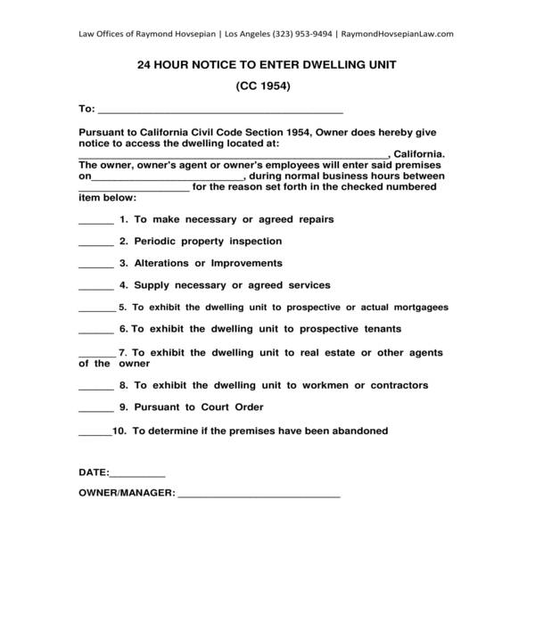 Landlord 24 Hour Notice To Enter Template