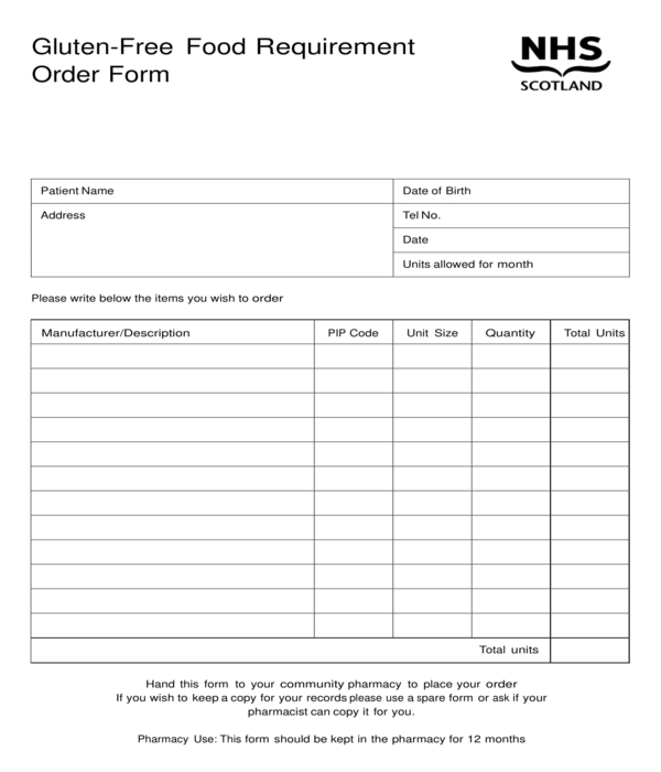 gluten free food requirement order form