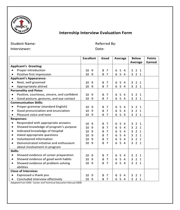 hr internship interview evaluation form