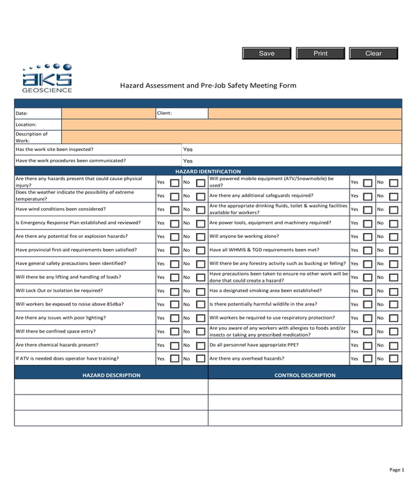 hazard assessment and pre job meeting form