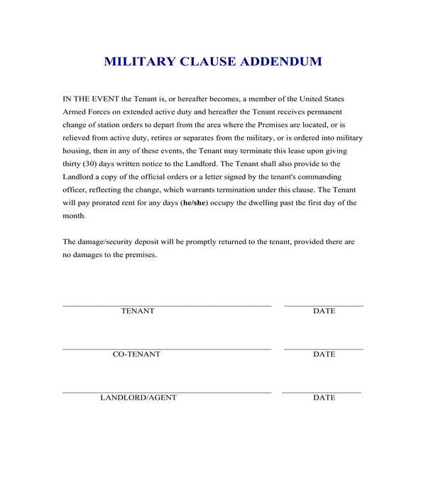 military clause lease addendum form