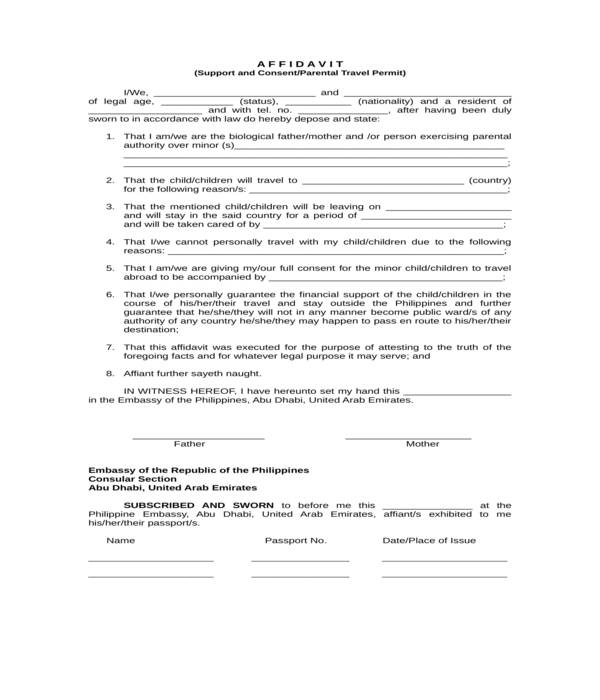 minor parental travel permit consent affidavit form