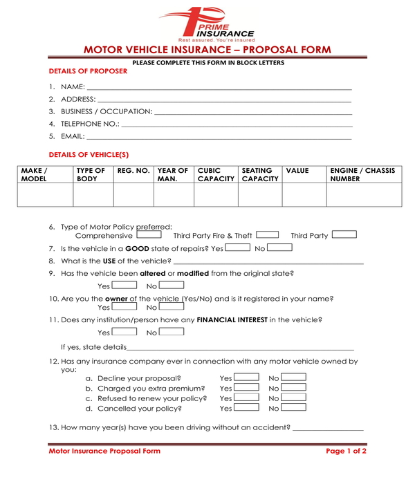 motor vehicle insurance proposal form